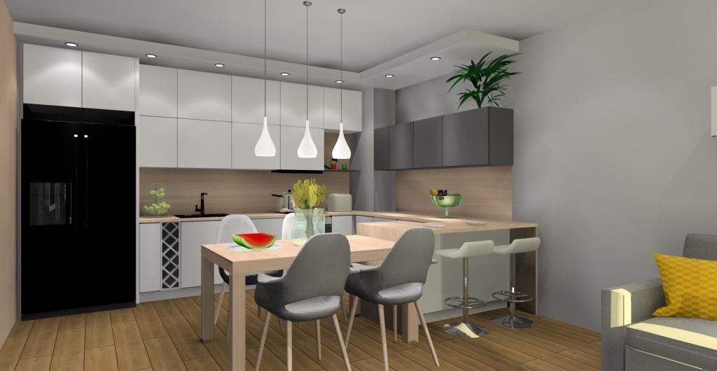 Aranżacja salonu z kuchnią, salon z kuchnią styl nowoczesny, jasne wnętrze w kolorach biały, szary, drewno